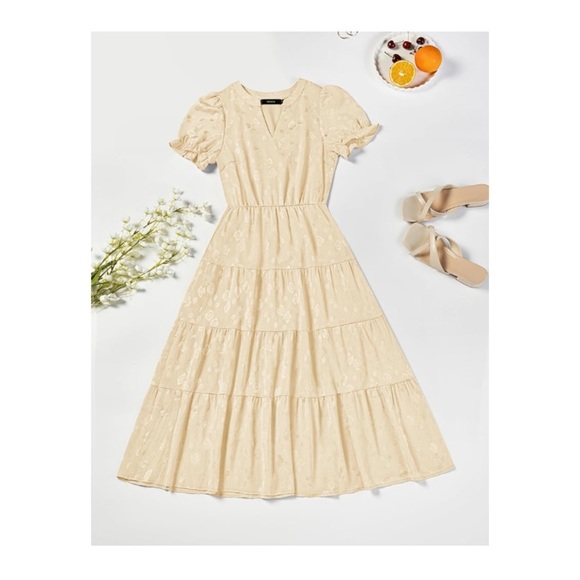 ZESICA Womens Summer Puff Short Sleeve Midi Dress Floral V Neck Textured Ruffle - Picture 5 of 5